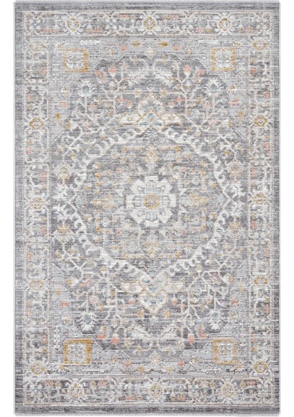 Zaraf Açık Gri Klasik Göbekli Etnik Desenli Dokuma Vintage Halı Oturma Odası Salon İnce Yazlık Halı