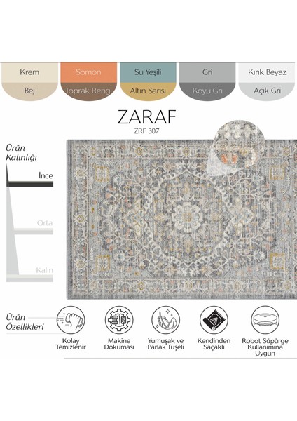 Zaraf Açık Gri Klasik Göbekli Etnik Desenli Dokuma Vintage Halı Oturma Odası Salon İnce Yazlık Halı