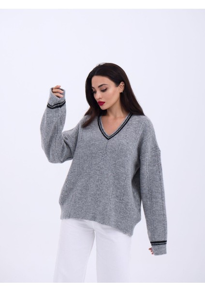 43291 Triko V Yaka Çizgili Kazak-Gri-Siyah