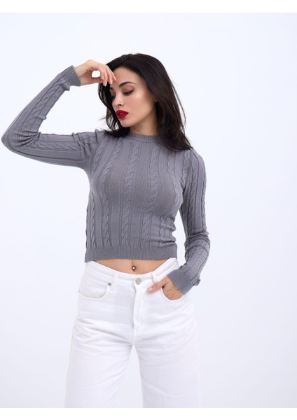 42491 Triko Saç Örgü Crop Kazak-Gri