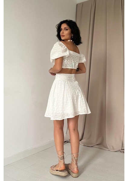 Ekru Brode Crop ve Mini Etek Takım