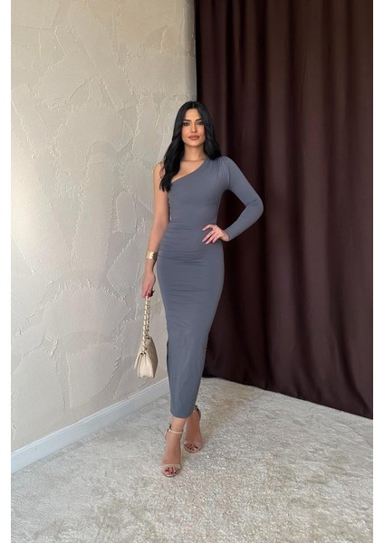 Gri Büzgü Detaylı Tek Omuz Elbise