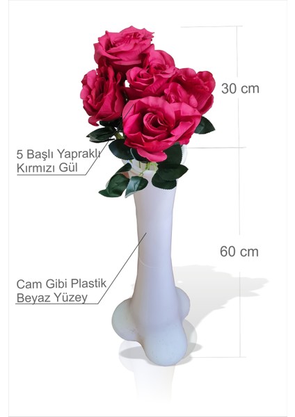 En Uzun Büyük Geniş Kırmızı 5 Gül Beyaz 60CM Kırılmaz Ince Bel Dengeli Devrilmez Kırılmaz Konik Vazo