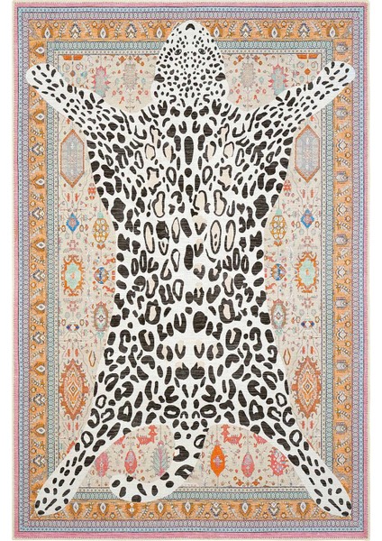 Jagora Leopar Halı Kaplan Desenli Vintage Bej Şönil Halı Makinede Yıkanan Leoparlı Dekoratif Halı