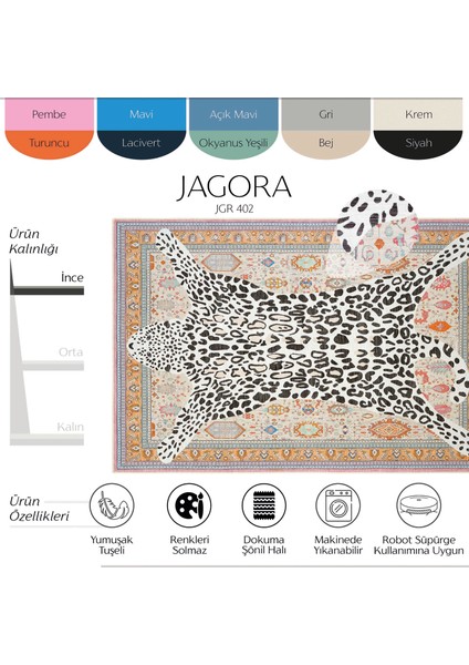 Jagora Leopar Halı Kaplan Desenli Vintage Bej Şönil Halı Makinede Yıkanan Leoparlı Dekoratif Halı