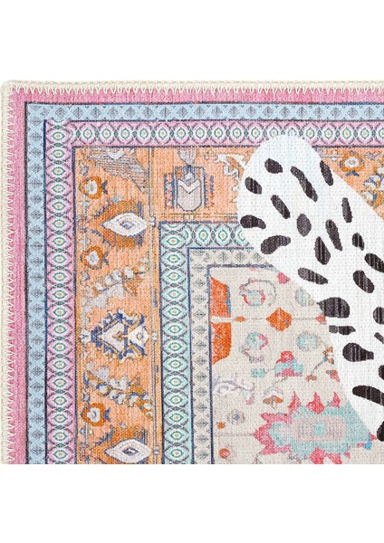 Jagora Leopar Halı Kaplan Desenli Vintage Bej Şönil Halı Makinede Yıkanan Leoparlı Dekoratif Halı
