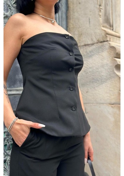 Siyah Straplez Düğmeli Crop ve Pantolon Takım