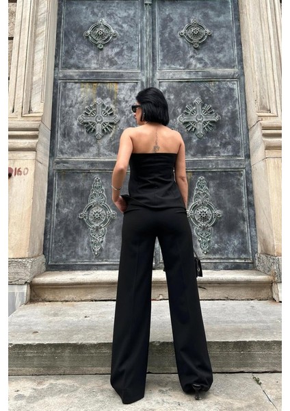 Siyah Straplez Düğmeli Crop ve Pantolon Takım