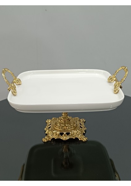 Porselen Sunum Tabağı Gold Ayaklı ve Kulplu