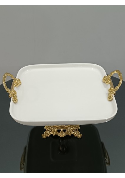 Porselen Sunum Tabağı Gold Ayaklı ve Kulplu fiyatları