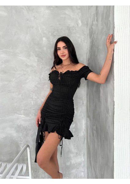 Göğüs Bağlamalı Mini Elbise - Siyah