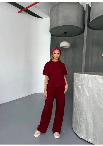 Osy Modal Yumuşak Dokulu Kumaş Kısa Kollu Bluz Rahat Pantalon Ikili Takım- Bordo