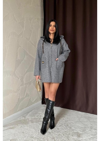 Gri Armalı Kapşonlu Peluş Ceket