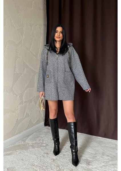 Gri Armalı Kapşonlu Peluş Ceket