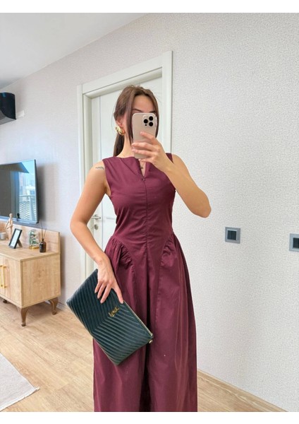 Önden Fermuar Detaylı Kolsuz Uzun Elbise - Bordo