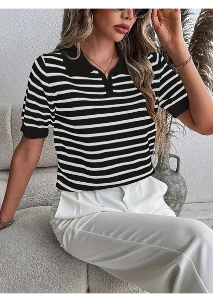 Kadın Kısa Kol Polo Yaka Çizgi Desen Triko Bluz