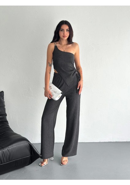 Asimetrik Crop Pantalon Ikili Takım - Füme