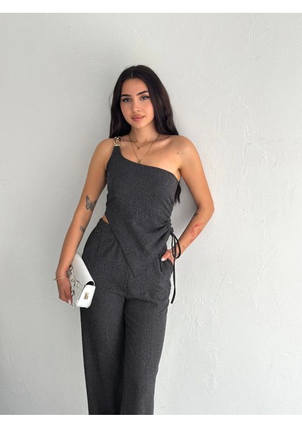 Asimetrik Crop Pantalon Ikili Takım - Füme