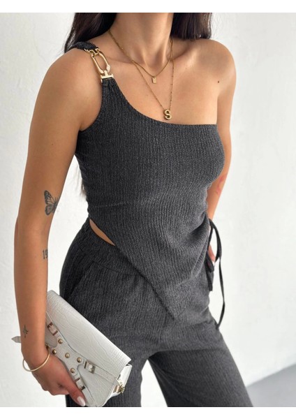 Asimetrik Crop Pantalon Ikili Takım - Füme