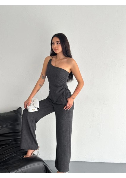 Asimetrik Crop Pantalon Ikili Takım - Füme