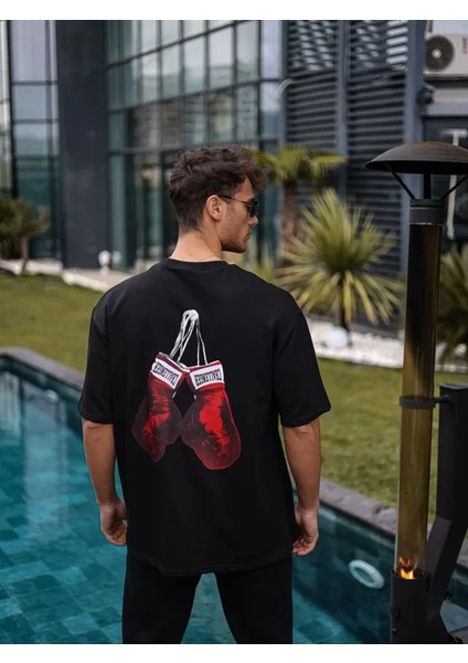 Unisex Bisiklet Yaka Baskılı Oversize T-Shirt - Siyah