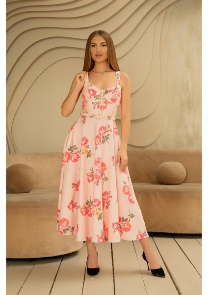 Pembe Ince Kemer Detaylı Elbise