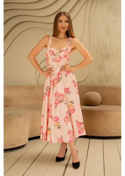 Pembe Ince Kemer Detaylı Elbise