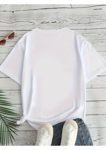 Baskılı Oversize Bisiklet Yaka T-Shirt - Beyaz