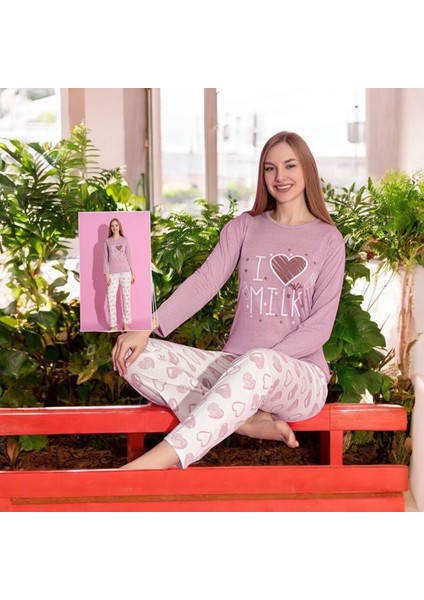 Mlale Pembe I Milk Desenli Suprem Kumaş Uzun Kollu Bayan Pijama Takımı 1459-P