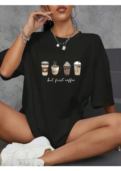 Baskılı Oversize Bisiklet Yaka T-Shirt - Siyah