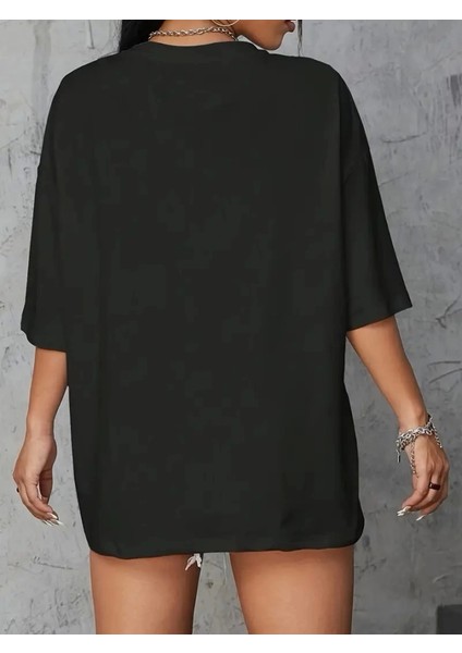 Baskılı Oversize Bisiklet Yaka T-Shirt - Siyah