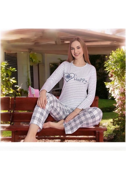 Mlale Happy Desenli Suprem Kumaş Uzun Kollu Bayan Pijama Takımı 1466-G