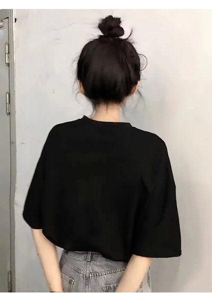Baskılı Oversize Bisiklet Yaka T-Shirt - Siyah