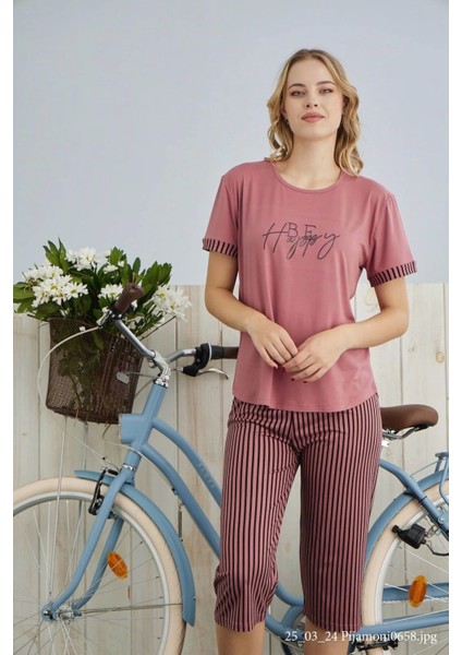 Kadın Milan Kumaş Bisiklet Yaka Kaprili Pijama Takımı - 7610