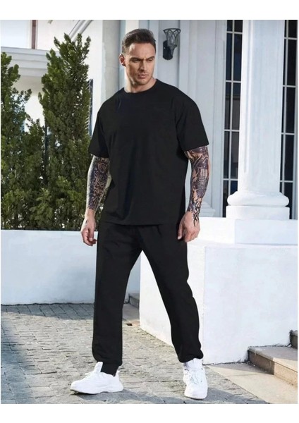 Unisex Düz T-Shirt ve Eşofman Takımı - Siyah fiyatları