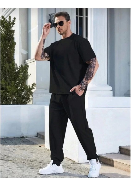 Unisex Düz T-Shirt ve Eşofman Takımı - Siyah modelleri