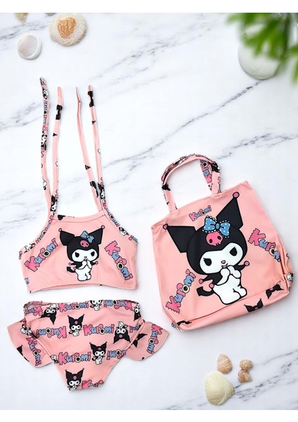 Kız Çocuk Karakter Baskılı Eteği Fırfırlı- Ip Bağlamalı Çanta Mayo Bikini 3 Lü Takım