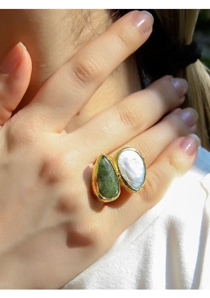 Doğal Taş Zebercet (Peridot) Sedef Gold Kaplama Kadın Ayarlanabilir Doğal Taş Yüzük EOUY4ZS