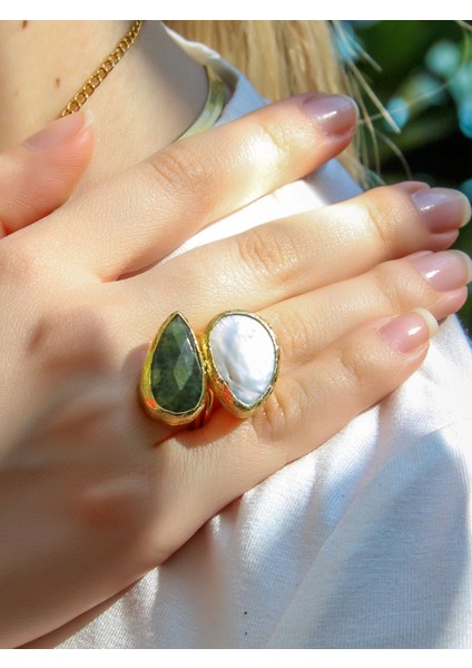 Doğal Taş Zebercet (Peridot) Sedef Gold Kaplama Kadın Ayarlanabilir Doğal Taş Yüzük EOUY4ZS