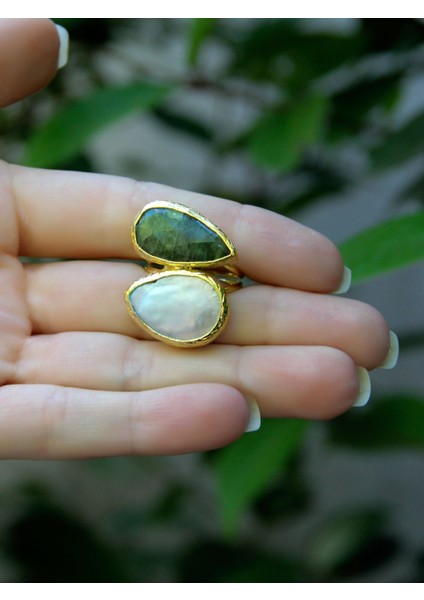 Doğal Taş Zebercet (Peridot) Sedef Gold Kaplama Kadın Ayarlanabilir Doğal Taş Yüzük EOUY4ZS
