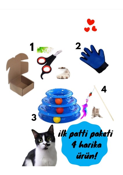 Kedi Başlangıç Seti: Kedi Tüy Toplayıcı Eldiven + Kedi Oltası + Kedi Tırnak Makası + 3 Katlı Oyuncak