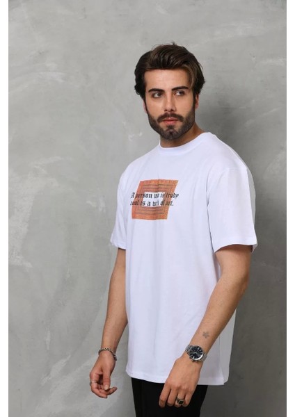 Unisex Bisiklet Yaka Baskılı Oversize T-Shirt - Beyaz