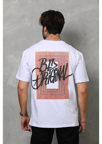 Unisex Bisiklet Yaka Baskılı Oversize T-Shirt - Beyaz
