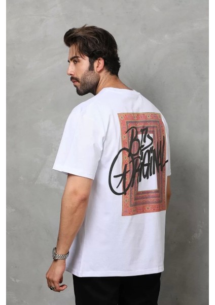 Unisex Bisiklet Yaka Baskılı Oversize T-Shirt - Beyaz