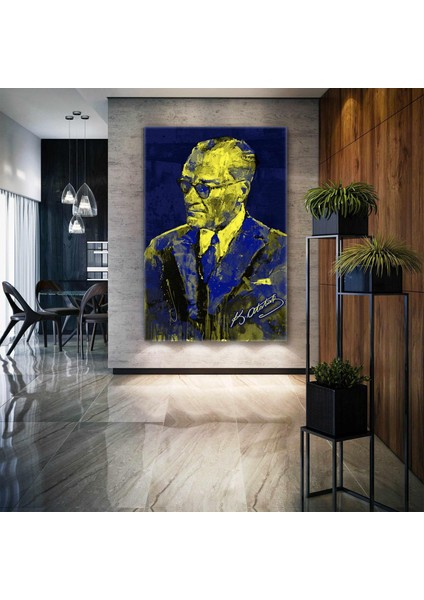 Mustafa Kemal Atatürk Imzası Fenerbahçe Sarı ve Lacivert Çerçeveli Dikey Kanvas Tablo