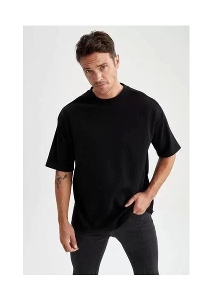 Unisex Basic Bisiklet Yaka Oversize T-Shirt - Siyah