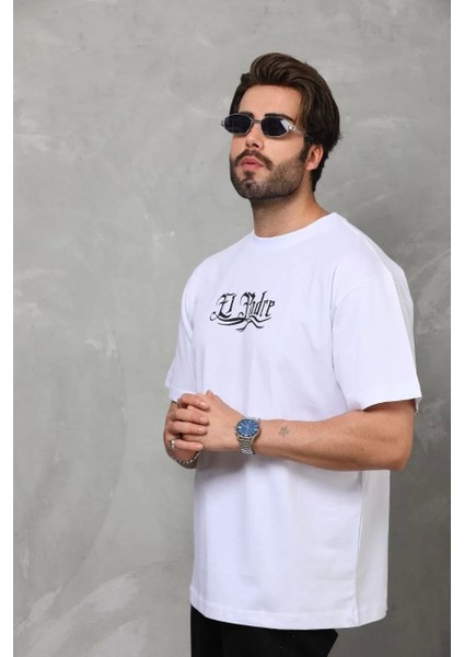 Unisex Bisiklet Yaka Baskılı Oversize T-Shirt - Beyaz