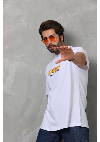 Unisex Bisiklet Yaka Baskılı Oversize T-Shirt - Beyaz