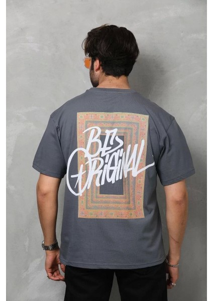 Unisex Bisiklet Yaka Baskılı Oversize T-Shirt - Füme