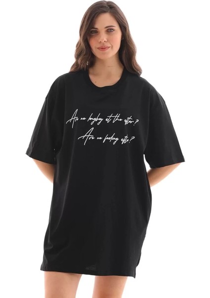 Unisex Bisiklet Yaka Baskılı Oversize T-Shirt - Siyah fiyatları